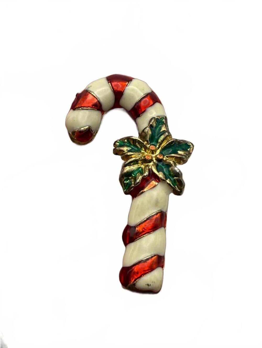 Vintage Candy Cane Holiday Pin with Poinsettia Accent